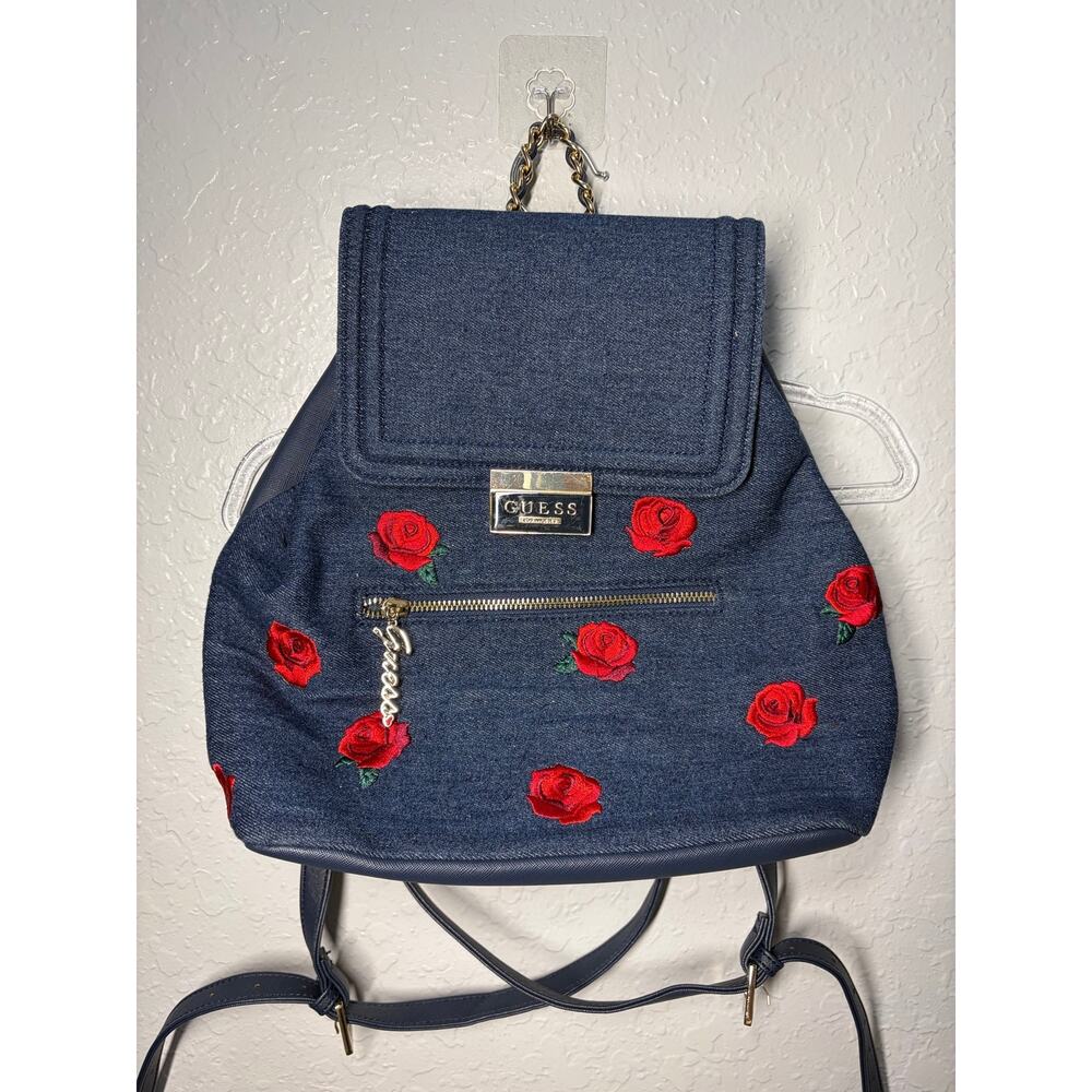 GUESS Blue Denim Backpack Bag Roses Casual Boho